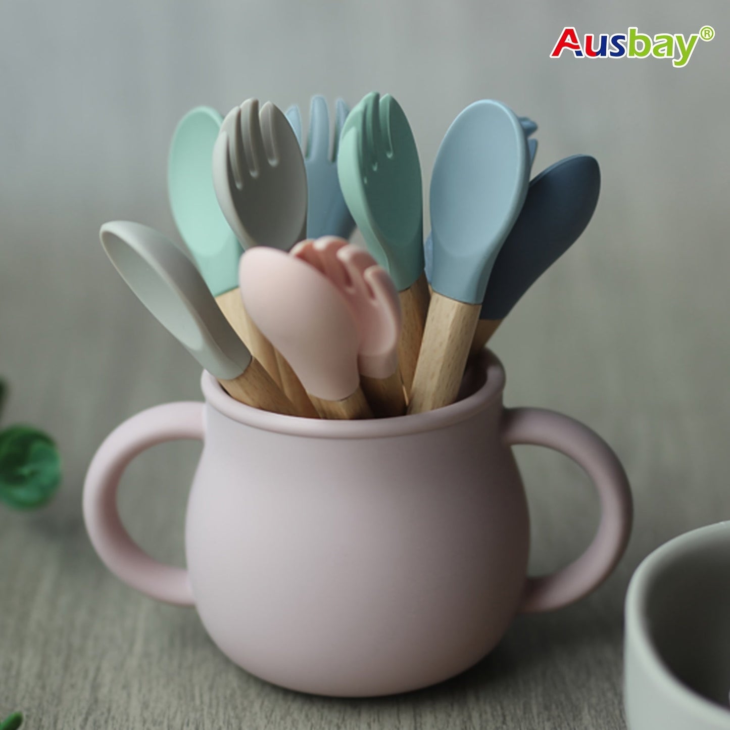 Ausbay 2-piece personalized silicone training spoon and fork set for kids - strong and secure with custom name handle - ideal for children and collectors