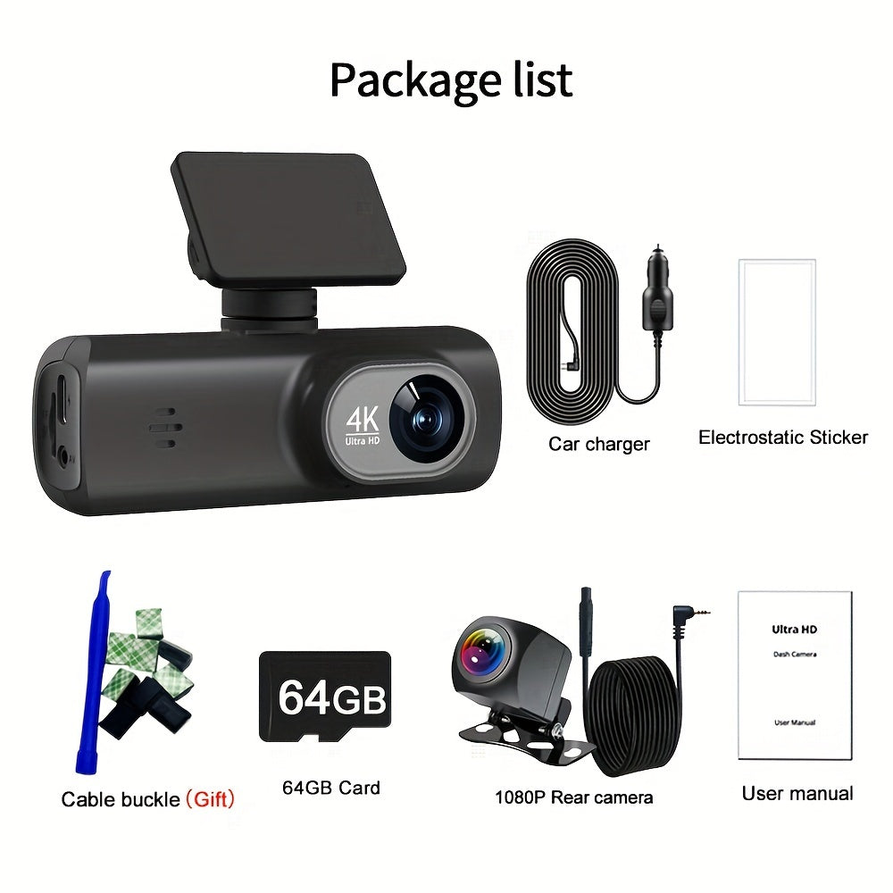 4K Ultra HD Dash Cam with front and rear view, includes 64GB card, built-in WiFi, 3.73cm IPS screen, night vision, wide angle, WDR, parking mode, smartphone app control, adhesive mount