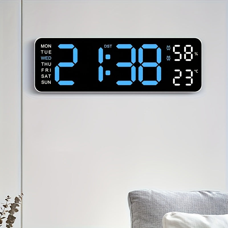 RIDAHOME LED clock with large display, temperature, humidity, and weather icons. USB powered, wall-mountable for home and office decor.