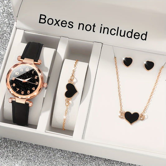 Stylish 5-piece women's watch and heart jewelry set, featuring a digital quartz wristwatch with PU leather band, round zinc alloy case, and button battery operation.