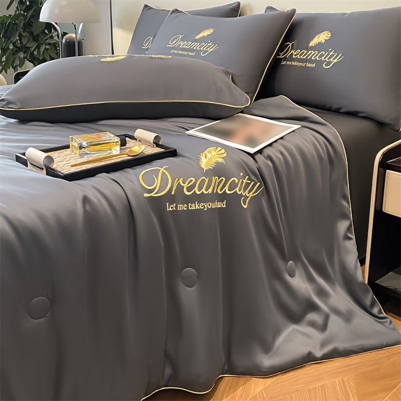 Dreamacity Elegant Summer Quilt - Luxurious Golden Embroidery on Soft, Skin-Friendly 100% Ultrafine Microfiber. Vintage Style Lightweight Cooling Bedding, Machine Washable in Grey. 90g Fabric Weight, Quilting Fabric Only. (Pillowcase & Sheet Not Included)