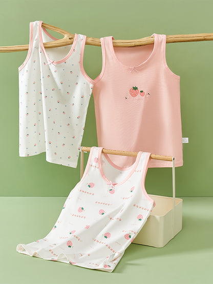 Set of 3 girls' cotton blend tank tops with cartoon patterns, bow detail, and sweat-resistant technology. Suitable for ages 12 and under.