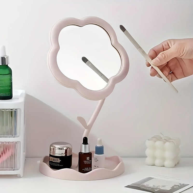 Boxed trumpet cosmetic mirror with flower design, high-definition glass, adjustable bracket, ideal for dressing tables. Perfect for beauty enthusiasts, room décor, and dressing table installation. Plastic frame.