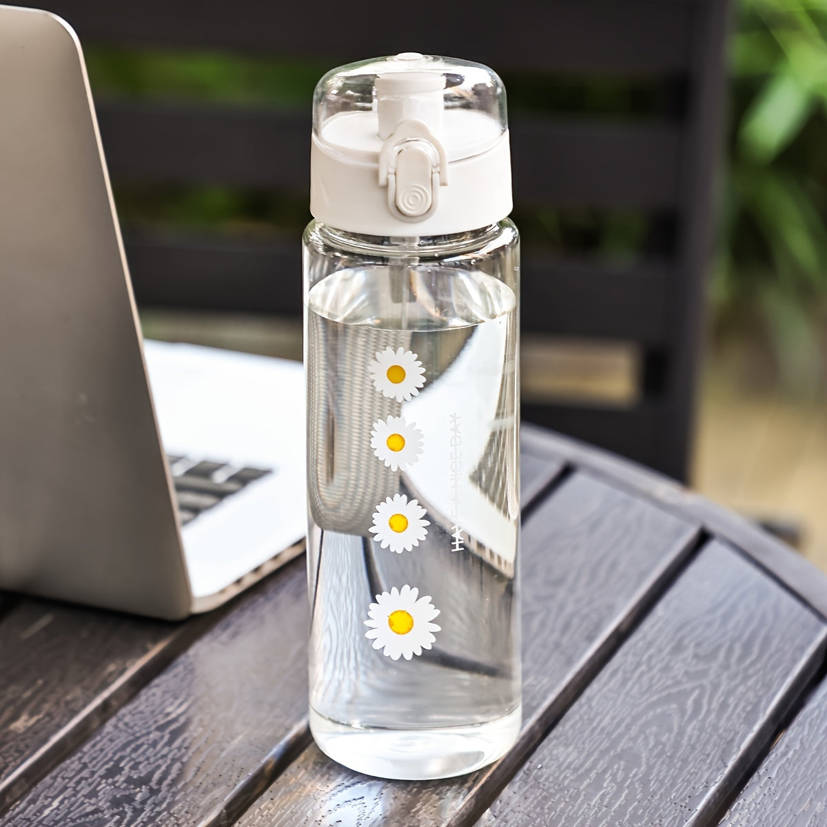 Women's plastic water bottle, hand wash only, floral design, large capacity, lightweight, round shape, PVC-free.