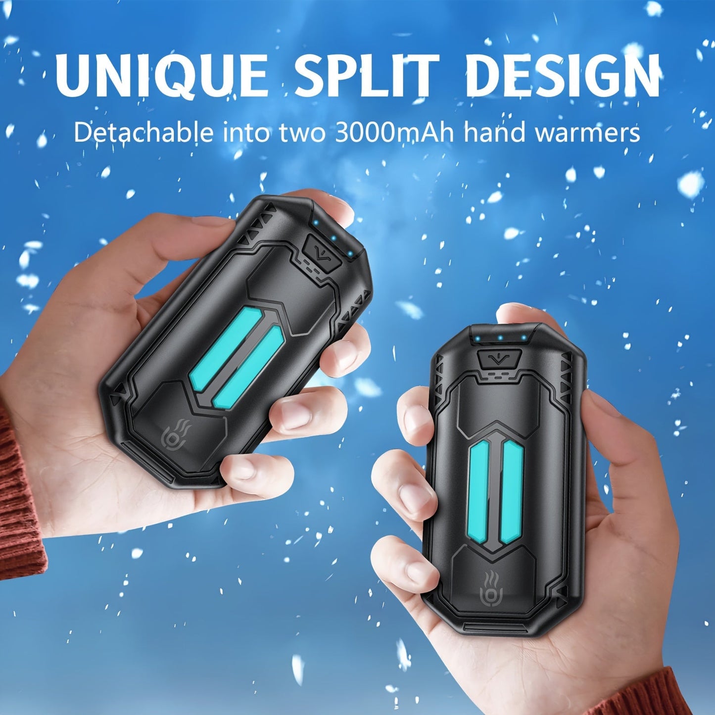 Stay warm on the go with our Dual Pack Mecha-Inspired Portable Hand Warmers. These 6000mAh USB rechargeable electric hand heaters come with 3 heat settings and a split design for added convenience. Compact and perfect for work or study use, combat the