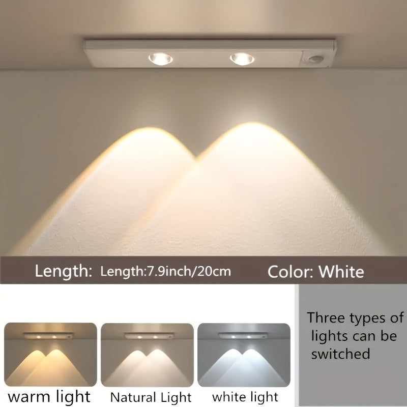 Rechargeable infrared sensor light strip with LED, magnet, and self-adhesive; wire-free for various applications.