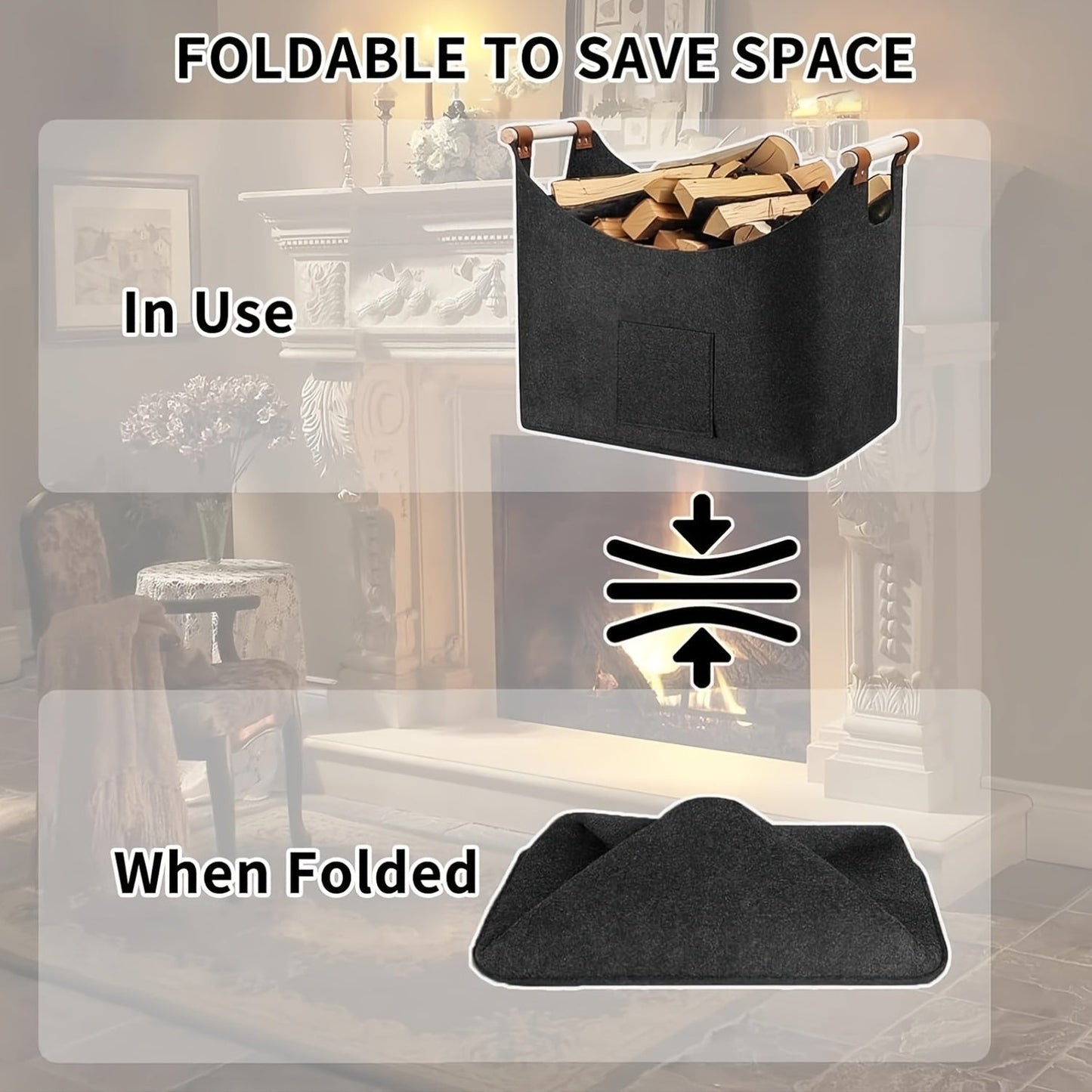 Extra large foldable log basket designed for fireplaces, 55L capacity with thickened felt material for wood storage. Features extended handles for easy indoor wood burner transport, keeps firewood organized. Made with durable dark gray material.