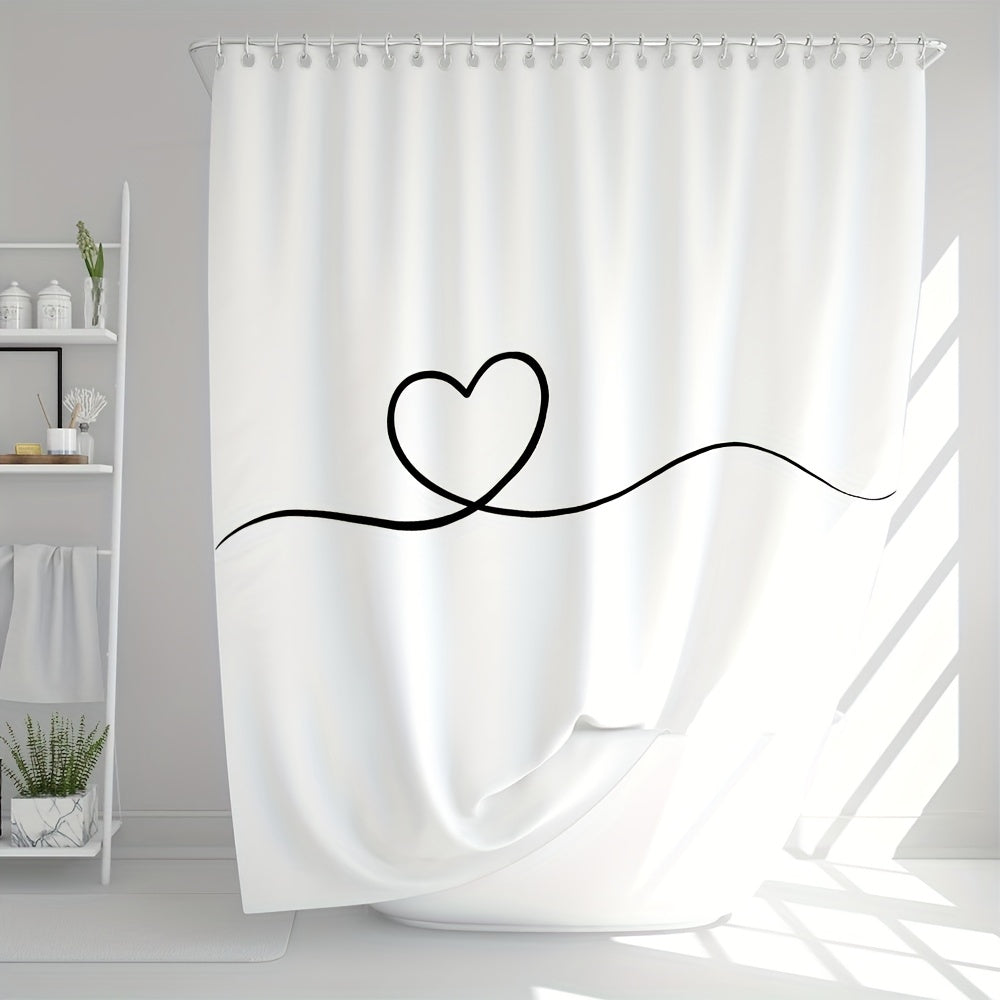 Heart pattern shower curtain set, 180x180cm, water-resistant polyester, machine washable with plastic hooks, all-season arts theme bathroom decor for home and hotel.