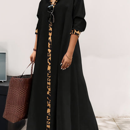 Plus Size Elegant Leopard Print Trim Long Dress with Regular Sleeves made of Women's Polyester Blend. This dress features Non-Stretch Fabric, Long Sleeve, Straight Hem, Loose-Fit Tunic