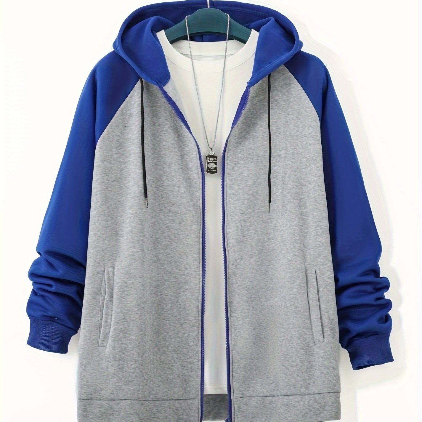 Best selling men's plus size full zip hoodies with color block design and drawstring long sleeves.