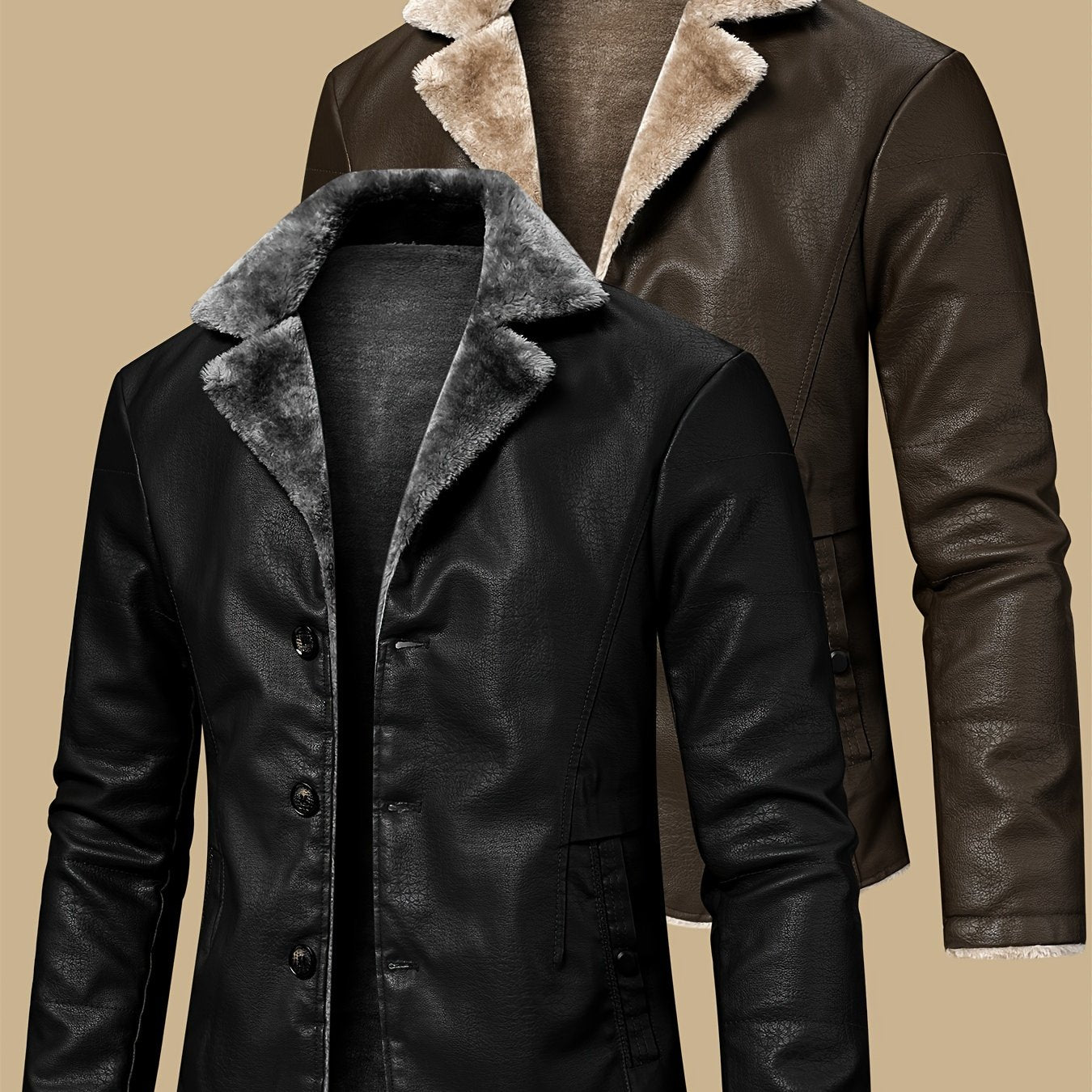 Men's warm jacket with faux fur lining, windproof for autumn/winter daily and leisure wear, made of fleece and PU leather.