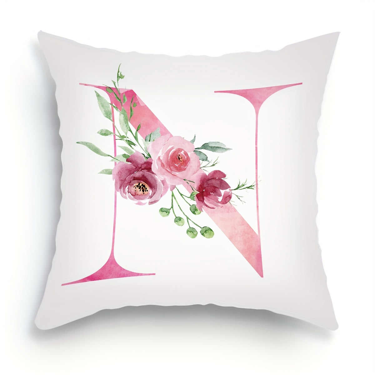 18x18 inch Alphabet Floral Pillow Cover featuring A to Z English Letters in pink print. Ideal for adding a contemporary touch to sofa, living room, or bedroom decor. Single-sided printing, insert not included.