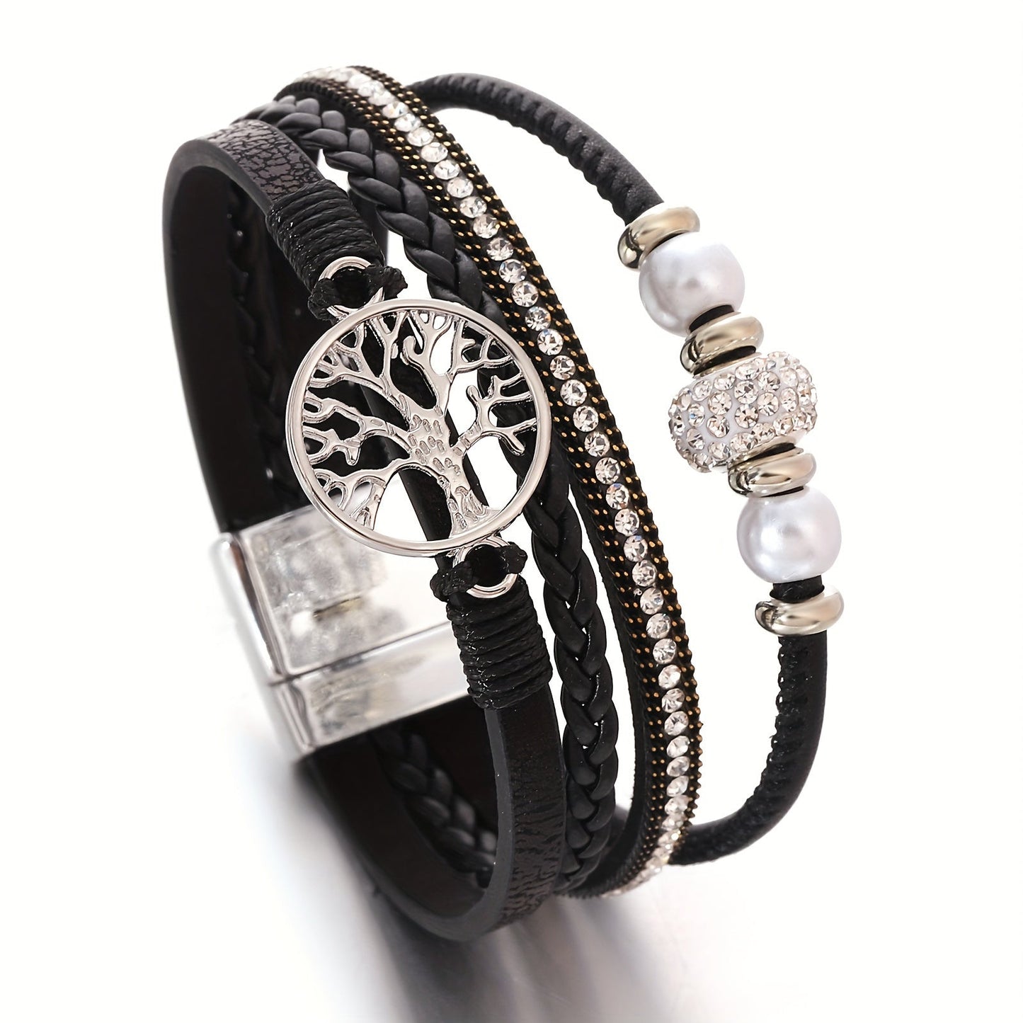 Chic Multi-Layer Faux Leather Wristband with Tree of Life Charm and Sparkling Rhinestones, Perfect for Everyday Wear or as a Thoughtful Birthday/Friendship Gift - Set of One