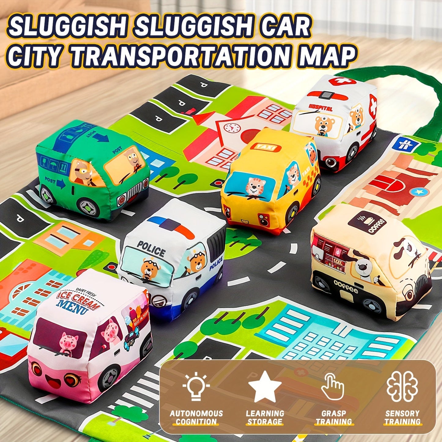 Set of 6 Soft Toy Cars for Toddlers with Play Mat and Storage Bag - Ideal Gift for 1-Year-Olds on Birthdays, Halloween, or Christmas