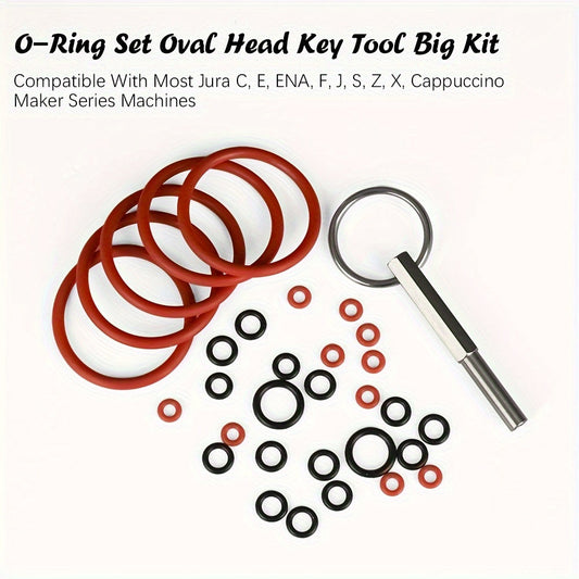 Complete O-ring Gasket Seal Set with Key Tool for Jura Capresso/Impressa Machines, including Brew Group and Drainage Valve O-ring. Compatible with a wide range of Jura C, E, ENA, F, J, S, Z, X, Cappuccino Maker Series Machines.