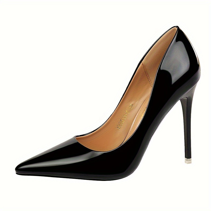 Elegant metallic stiletto heels for women with sleek pointed toe, transparent strap, and lightweight PU cover.