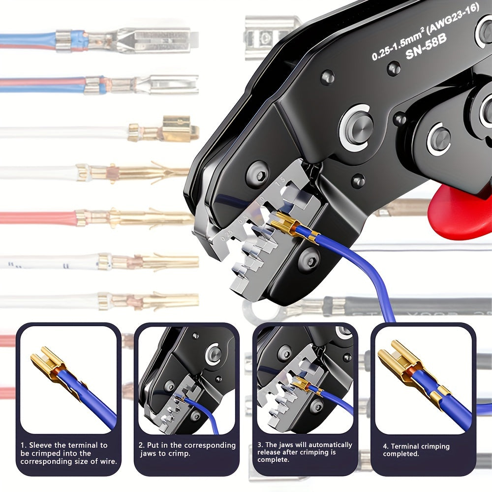 Professional manual crimper tool for JST, Dupont terminals, SATA pin crimping, with carbon steel handle and AWG 23-16/0.25-1.5mm² capacity.