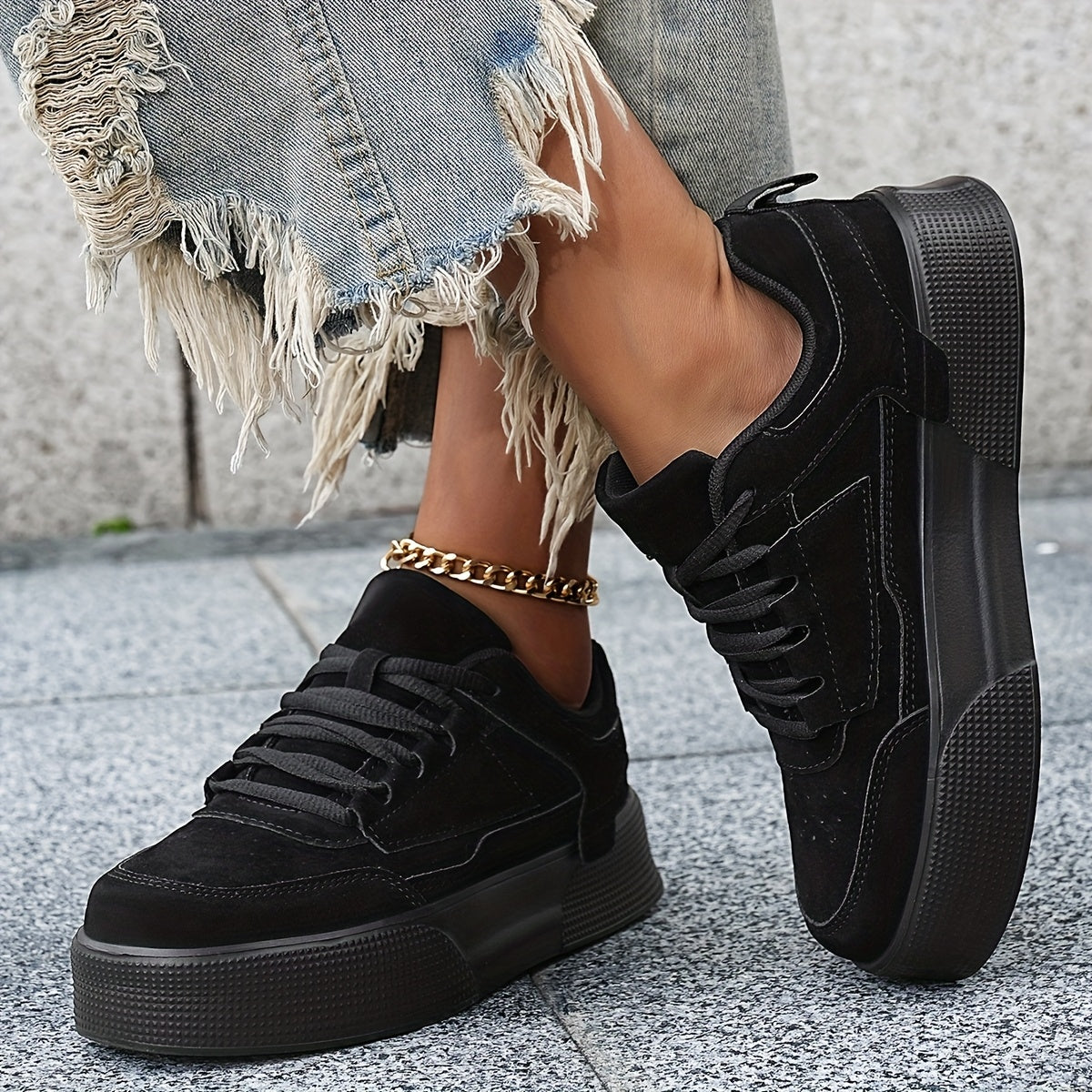 Classic lace-up low top skateboard sneakers for women, with solid color block design and height increase feature. Made with PU upper, fabric inner, and EVA sole for comfort in all seasons.