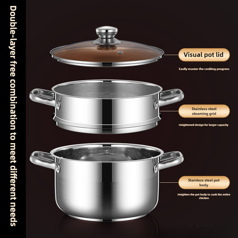 Stainless Steel Steamer Pot with Double Layer Basket, 21.84cm Size for Induction Cooktop and Gas Stove, Versatile Household Soup Pot for Cooking, Deep-Frying, and Hot Pot - Essential Kitchen Tool