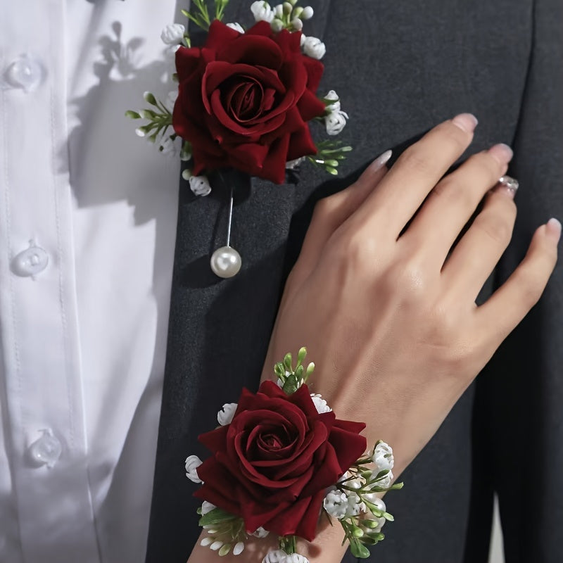 Bridal party accessories such as wrist and chest flowers resembling roses, suitable for bridesmaids, sisters, groomsmen, bride and groom, along with forest-inspired wrist flowers for a unique touch.