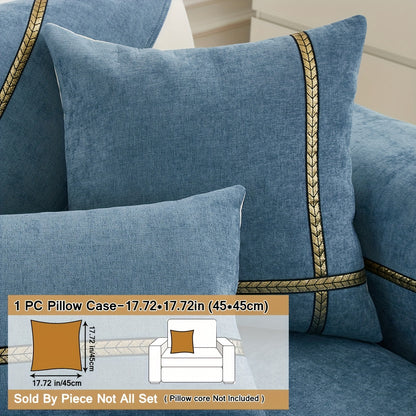 Elegant gray chenille sofa cover with golden braided trim. Non-slip, pet-friendly, and fits single to four-seater sofas. Perfect for all-season use as an elegant home decor in the living room.