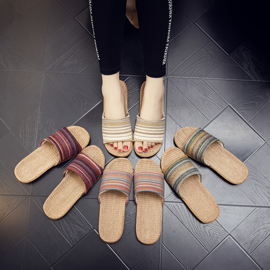 Comfortable home slippers with a striped pattern and casual open toe design.