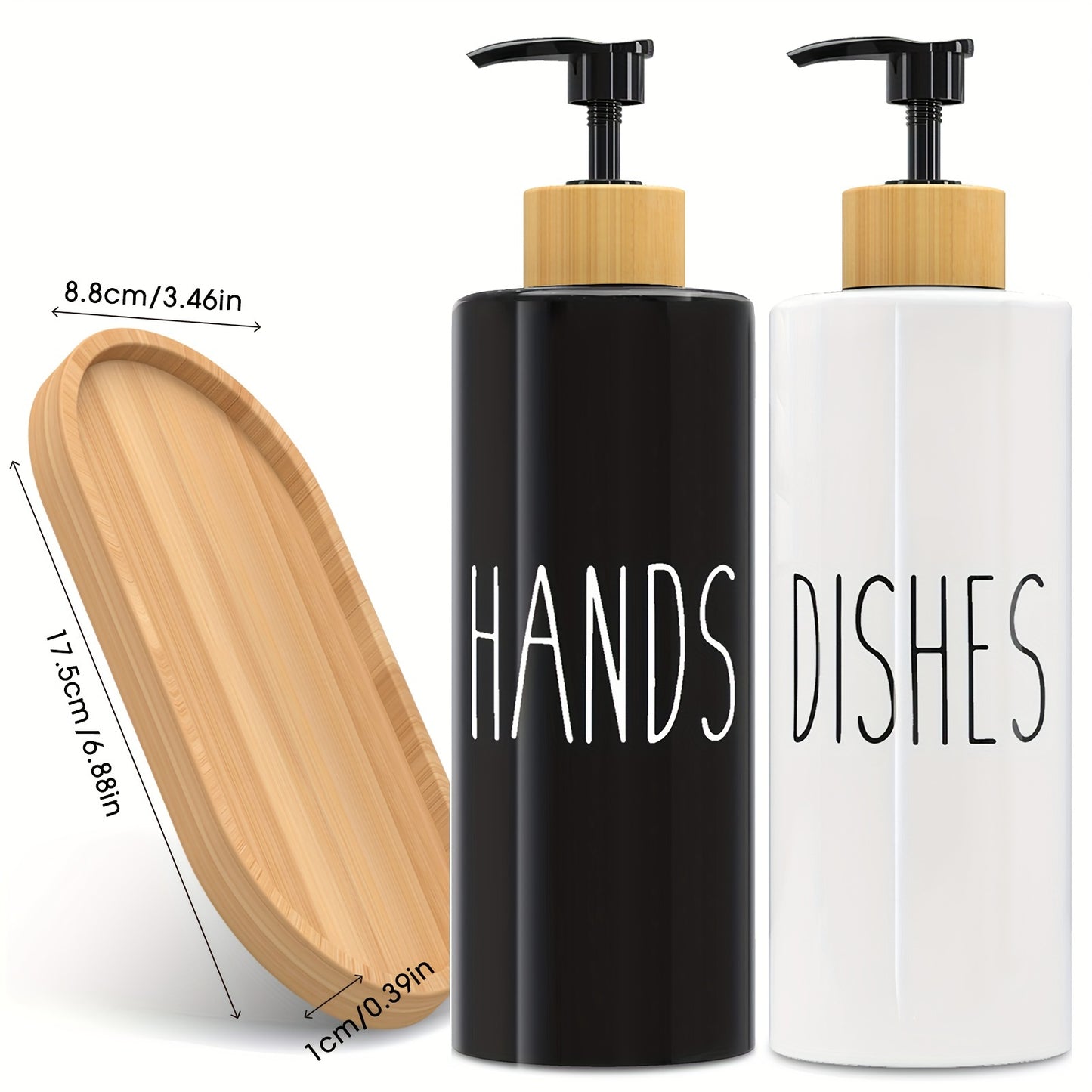 Set of 2 refillable soap dispensers with 16.91oz PET plastic bottles and wooden tray for kitchen use.