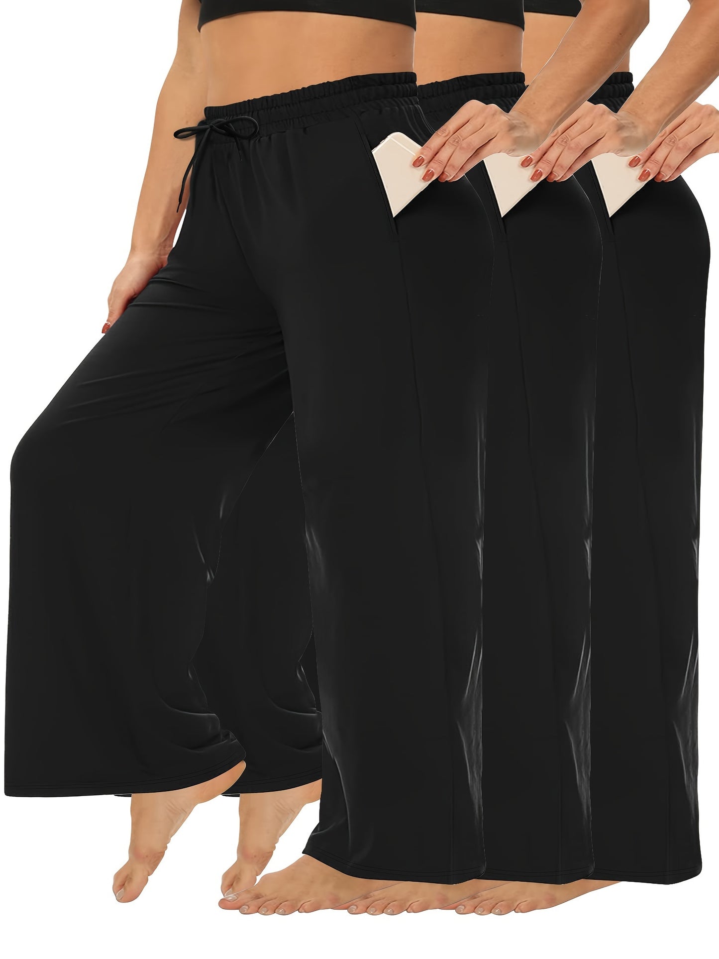 3-Pack of plus size high waist wide leg pants with drawstring and pockets. Made with high stretch knit fabric (88% polyester, 12% elastane) in a solid color, long length suitable for all