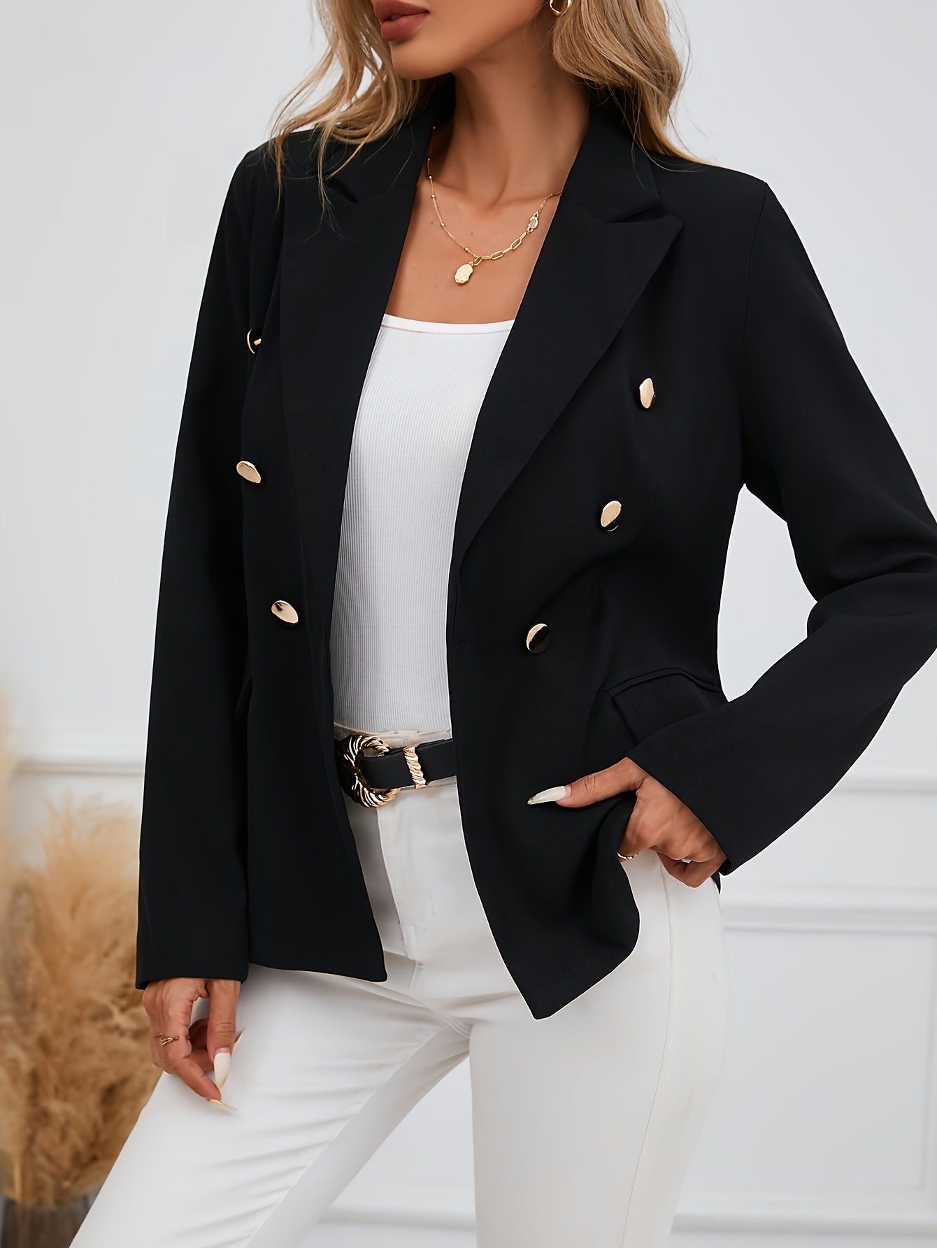 Women's Double Breasted Lapel Blazer for Work and Office