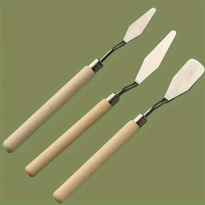 Set of stainless steel palette knives for oil painting, available in various sizes and shapes.