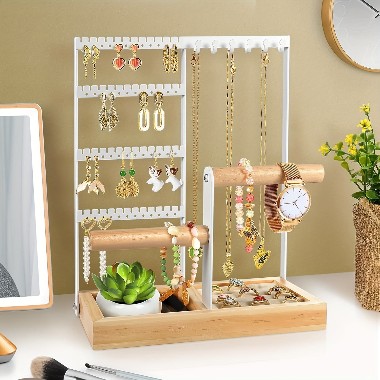 Jewelry Manager with 4-Tier Earring Holder, 48 Holes, 6 Hook Necklace Manager, Ring and Bracelet Holders, Towers