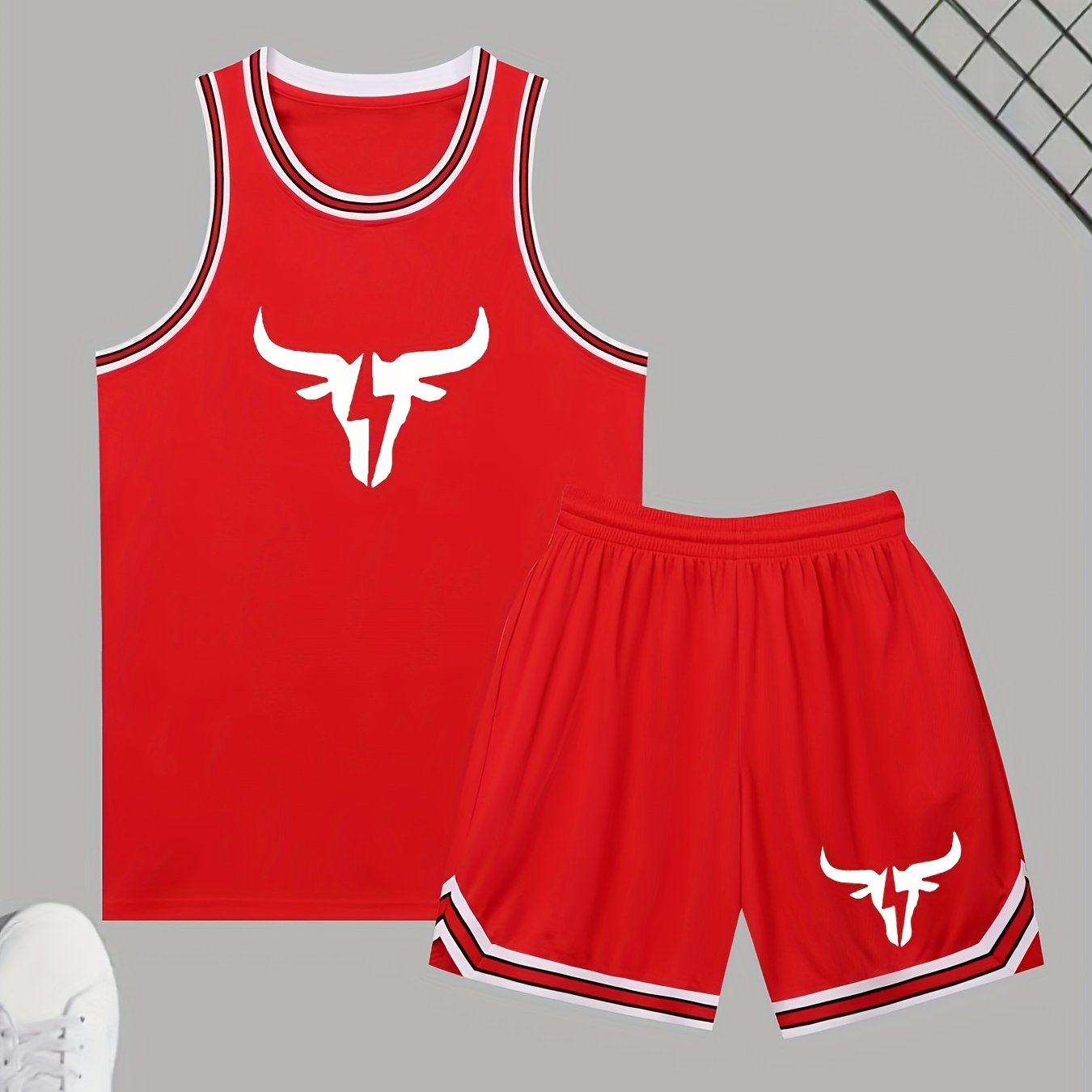 Men's athletic tank top and shorts set made of polyester knit fabric with slight stretch. Features a casual sports style, solid color with logo detail, and all-season loose fit activewear.