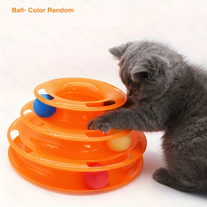 Three-level cat toy tower with rotating balls made of durable plastic. Provides entertainment and stimulation for pets, no batteries required. Various ball colors included.