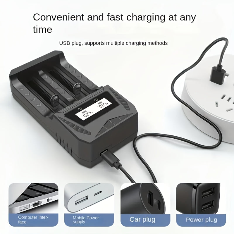 Universal USB Lithium Battery Charger compatible with various rechargeable batteries, with full voltage display.