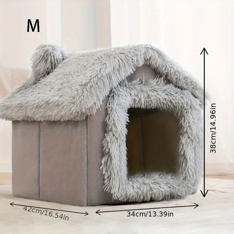 Plush pet bed for cats and dogs with removable non-slip bottom, suitable for four-season use in a semi-enclosed design.