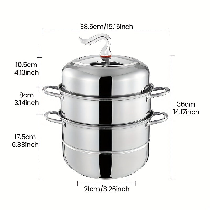 This versatile stainless steel steamer set includes a three-layer design with 1 soup pot, 1 steamer, 2 steamer plates, and 1 pot lid. With a deep capacity and multifunctional capabilities, this cooking pot can steam, boil, stew, and make soup with ease.