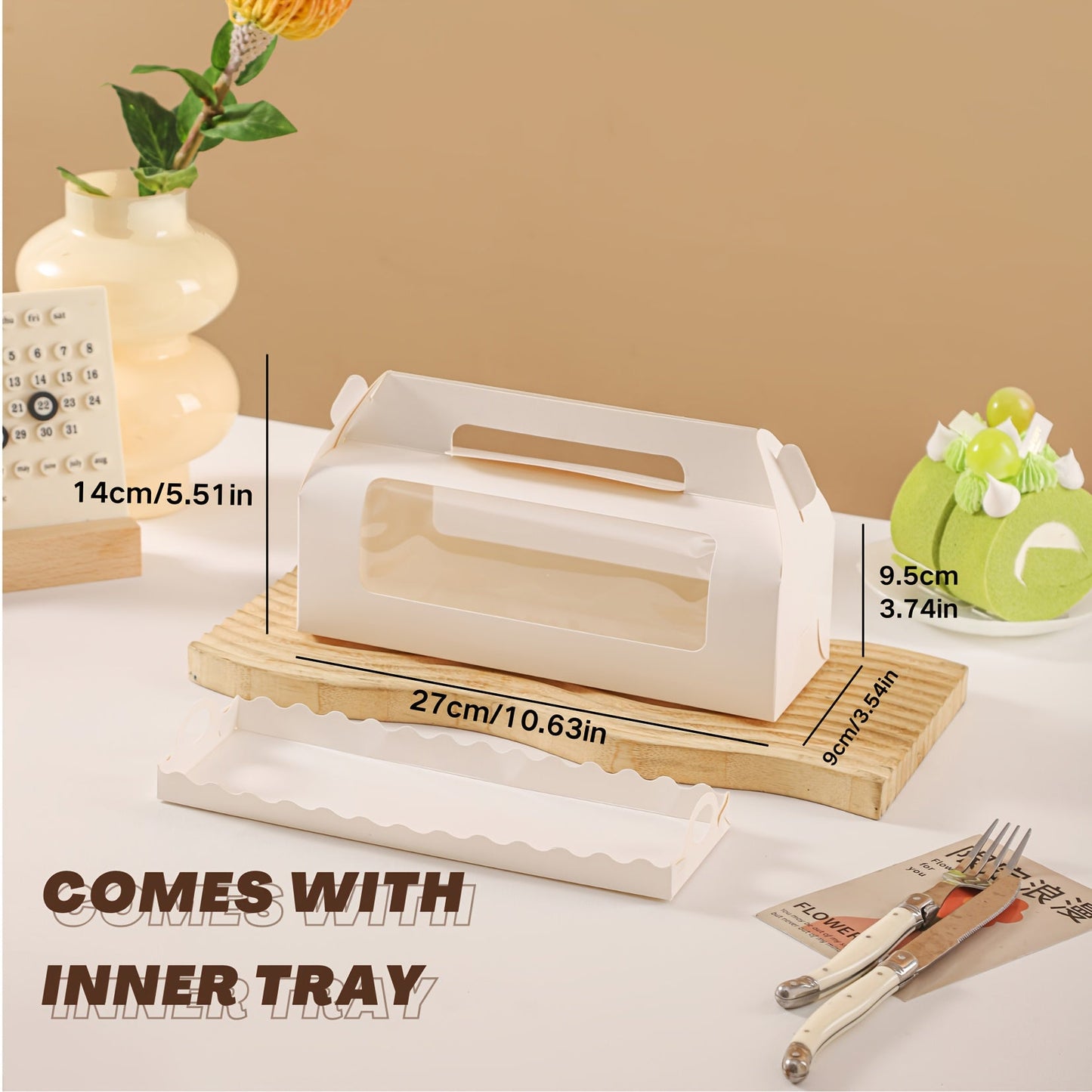 Get 5 or 10 pieces of portable cake boxes in 2 sizes, featuring a window to display your treats. These white paper cardboard bakery boxes are perfect for Swiss rolls, pastries, cupcakes, muffins, cookies, pies, and more. Use them for gift wrapping or as