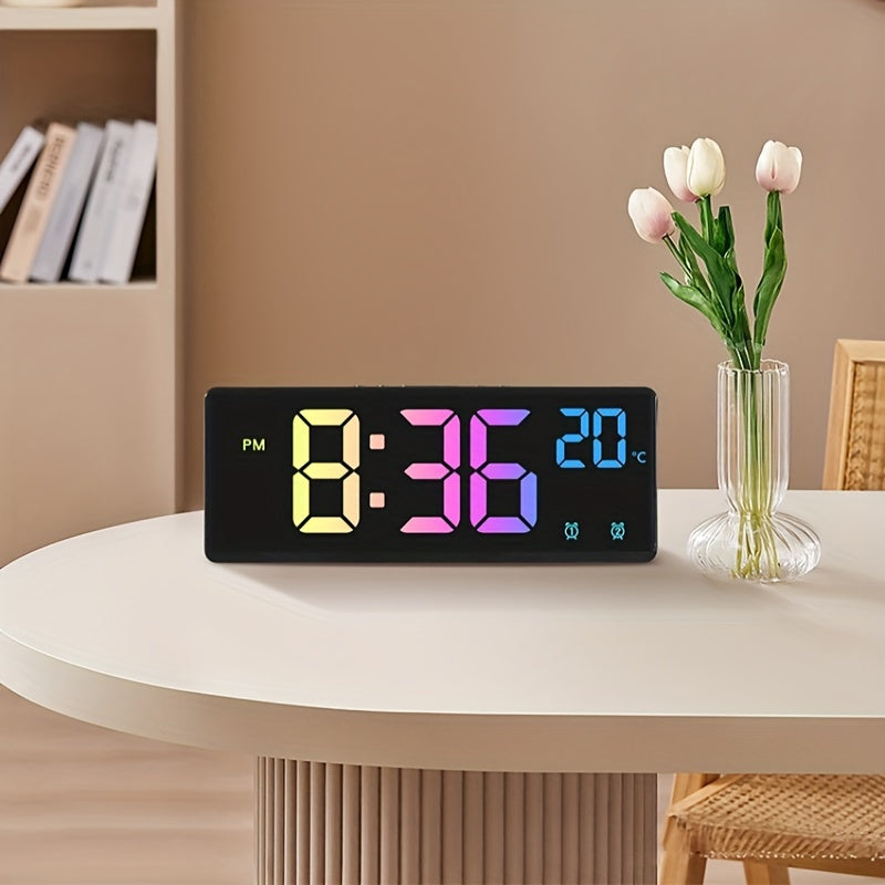 NieNie Digital Alarm Clock features voice control, dual alarm, night mode, adjustable brightness levels, snooze function, temperature and date display, USB powered, 12/24-hour time format, and a rectangular shape with a flat crown. The clock also has a