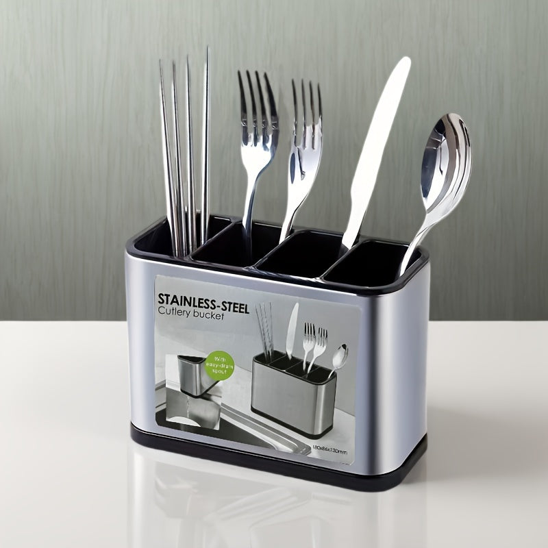 Stainless Steel Cutlery Bucket with Chopstick Barrel, Spoon Compartment, and Knife and Fork Storage on Filterable Kitchen Shelf