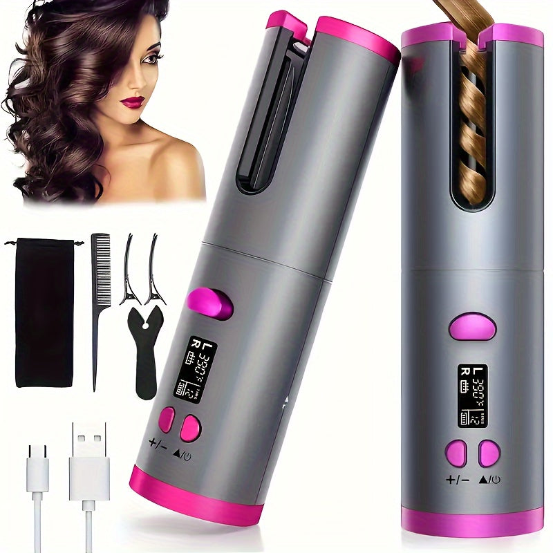 5 heat settings auto-curler with ceramic coating, anti-scald technology, tangle-free design, and quick charge USB rechargeable lithium battery. Ideal for styling, special occasions, and