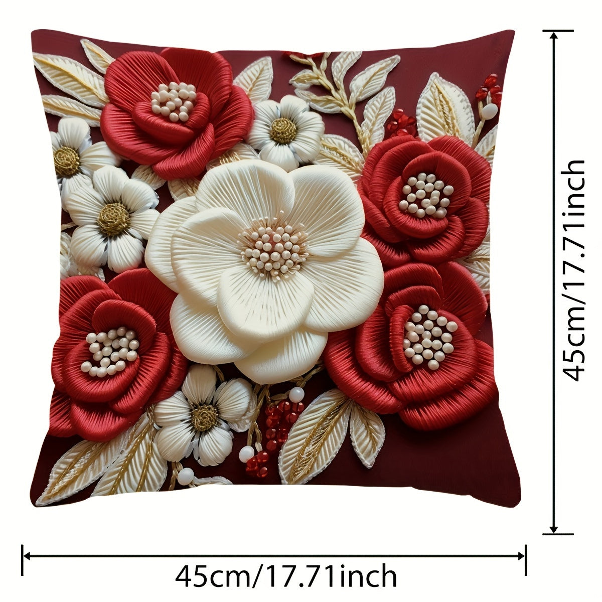 Soft & Cozy 3D Floral Print Red and White Plush Throw Pillow Cover, 44.96cm x 44.96cm with Zip Closure - Ideal for Home, Office, and Car Décor.