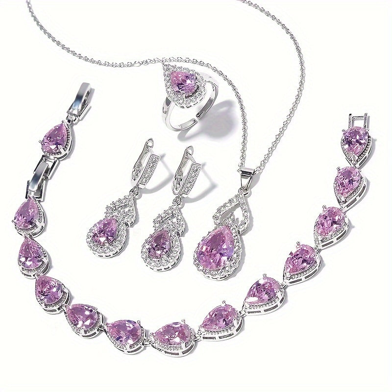 Stylish 5-Piece Synthetic Zircon Jewelry Set for Women - Hypoallergenic Copper Necklace, Ring, Earrings, Pendant Chain in Platinum-Plated Finish. Perfect for Weddings, Banquets, and Valentine's Day Gift. Timeless Design.