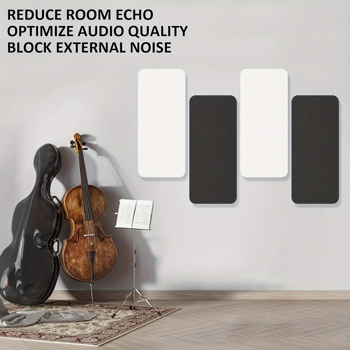 Studio-grade soundproofing panels available in black/white, measuring 60.96cm x 30.48cm x 1.02cm, ideal for recording rooms, offices, and gaming spaces. Helps reduce noise and cancel echoes.