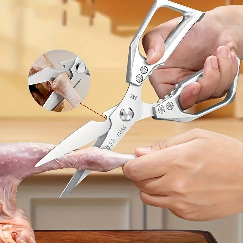 This durable stainless steel kitchen scissor is tough enough to cut through chicken, duck, and fish bones with ease. Its sharp blades make it perfect for cutting chicken, poultry, fish, and meat in the kitchen.