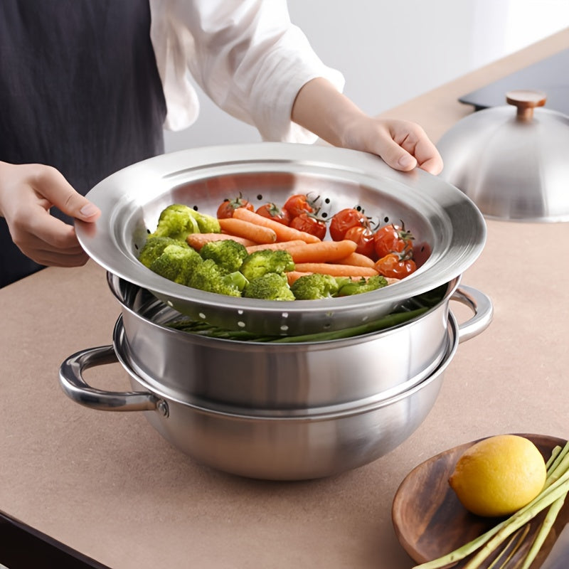 Stainless Steel Flying Saucer Steamer with Lid - Multi-Functional 1pc Accessory for Home Cooking, Fruit Storage, Pot Stand, and Steaming Rack - Compatible with 24-28cm Cookware