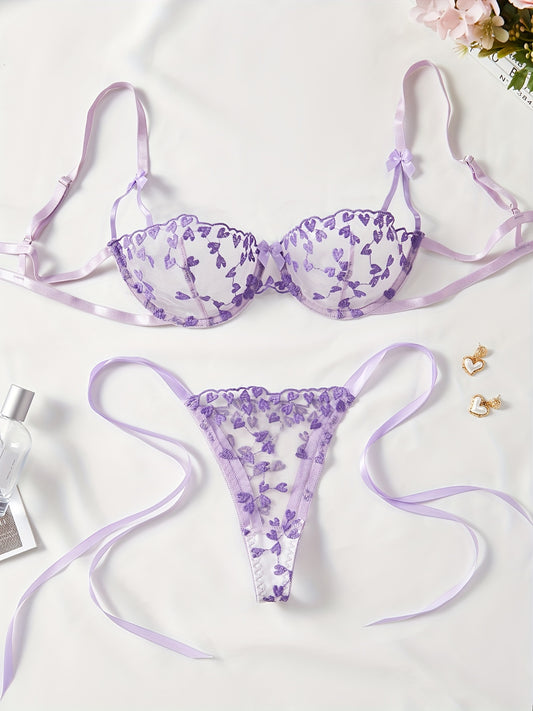 Luxurious adult-sized lingerie set featuring sexy transparent mesh with heart pattern, bow details, and soft ribbons.