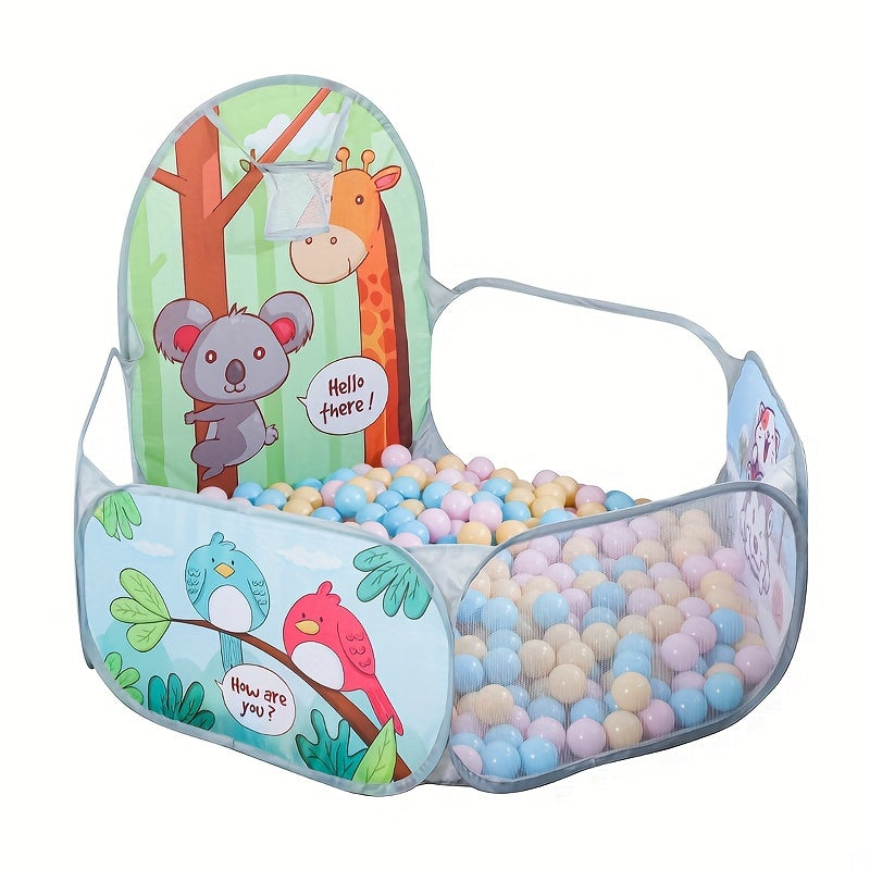 Pop-up play tent with ball pit for toddlers, featuring ocean ball fence and unique bird & dinosaur themes, made of polyester fabric and steel frame. Great gift for boys and girls aged 12