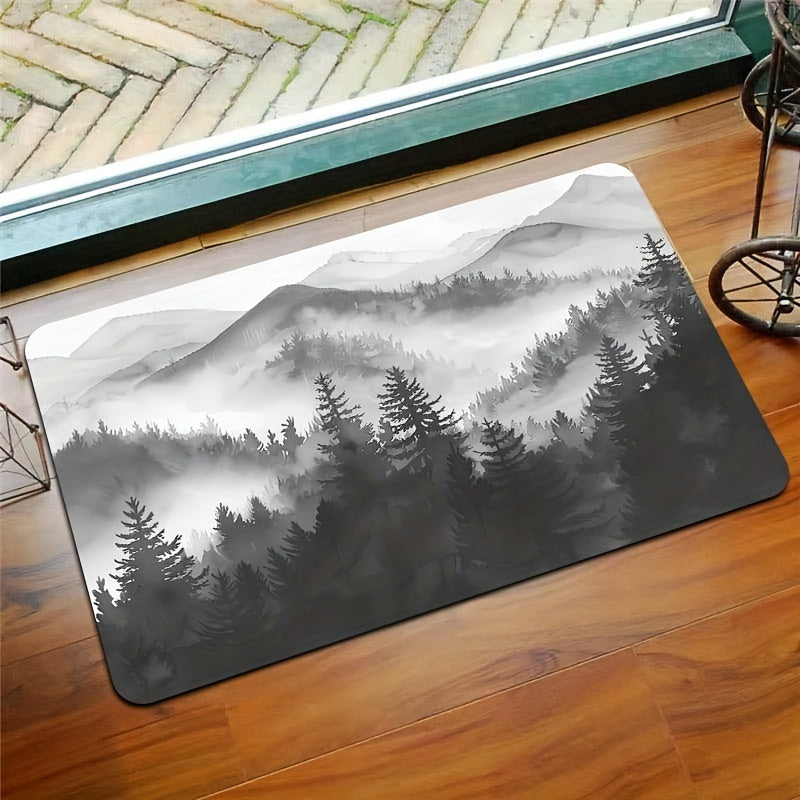 Forest Big Mountain Pattern Bathroom Carpet with Foam Cushion and Skid-Proof Bottom for Kitchen, Living Room, Bedroom, and Indoor Spaces. Machine Washable Entrance Doormat for Home Decor.