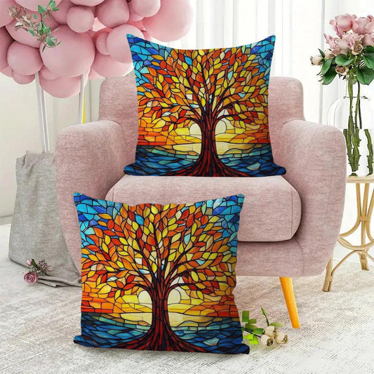 Two pieces of Autumn Tree of Life plush pillow covers measuring 45.72x45.72cm - Suitable for use on sofa, bedroom, and outdoor spaces. Features zip closure and is machine washable.