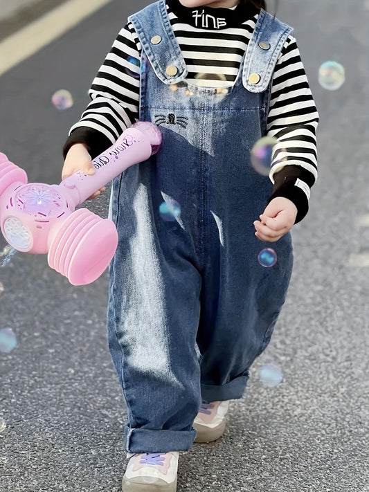 Adorable light blue denim overalls for kids with rabbit ear details. Casual, loose fit for spring & autumn. Machine washable, perfect for outdoor activities.